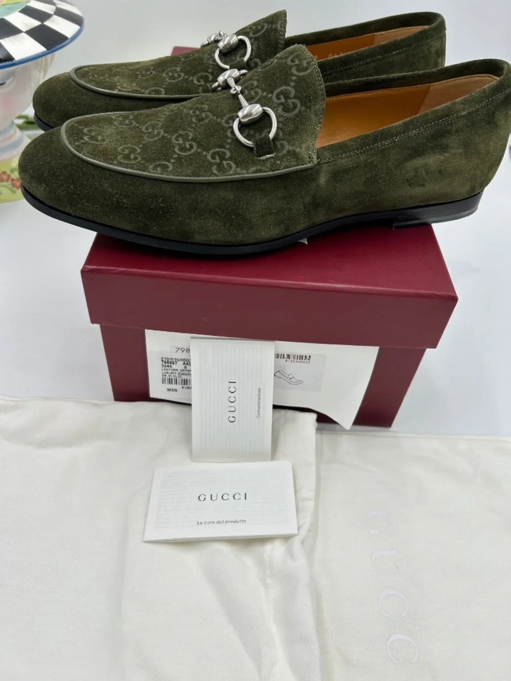Men’s Gucci Jordy Guccissima Olive Green Suede Loafers. Size 8. Made in Italy.